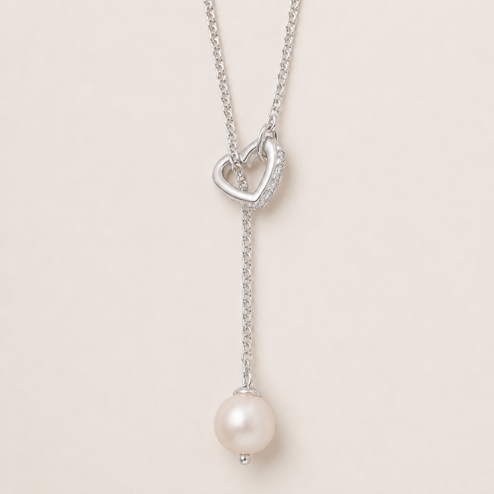 16" + 2" Cultured Freshwater Pearl and CZ Heart Lariat Necklace