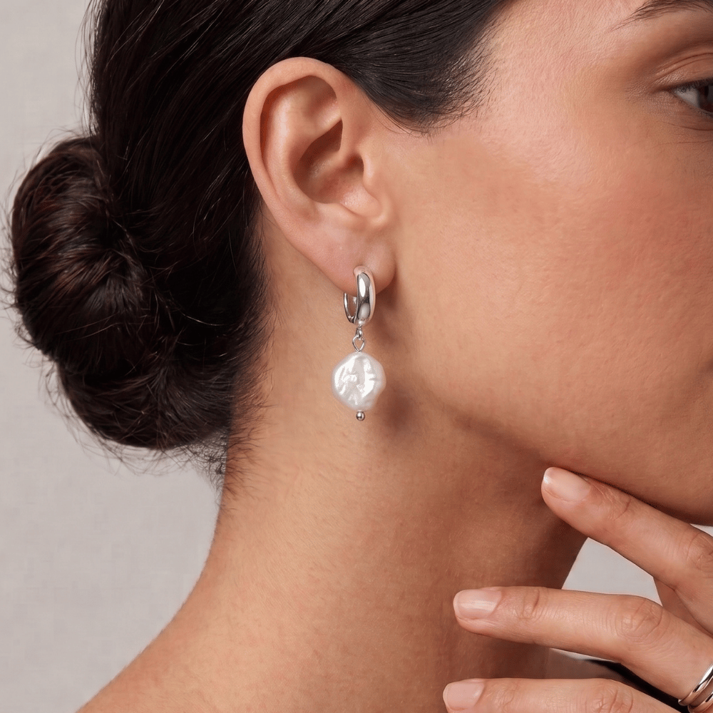 Silver Tone Cultured Freshwater Keshi Pearl Drop Fashion Earrings