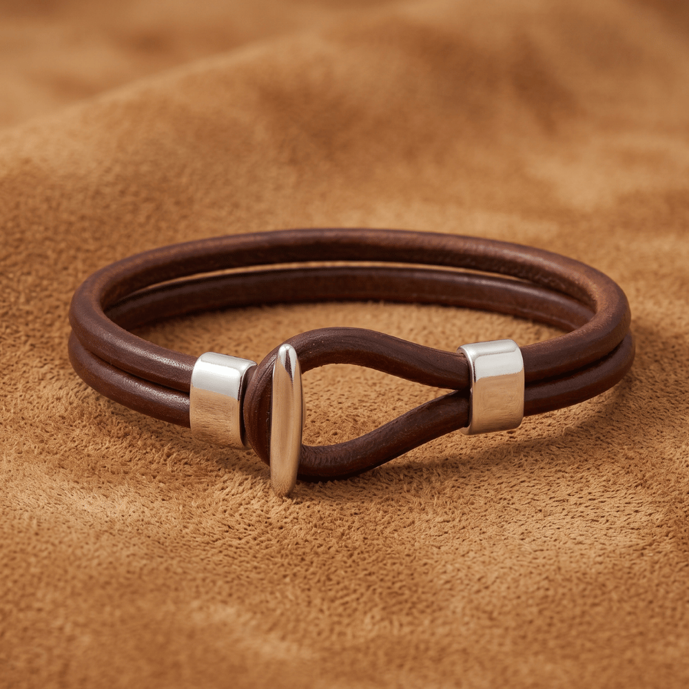 9" Men's Leather and Silver Tone Bracelet