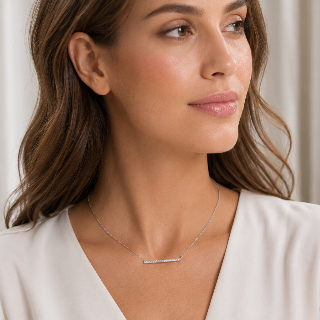 16" + 2" Rhodium Plated CZ Bar Necklace