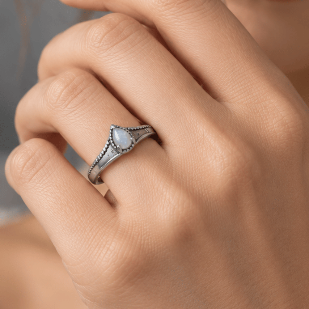 Oxidized Pear Rainbow Moonstone Bead Edge Ring