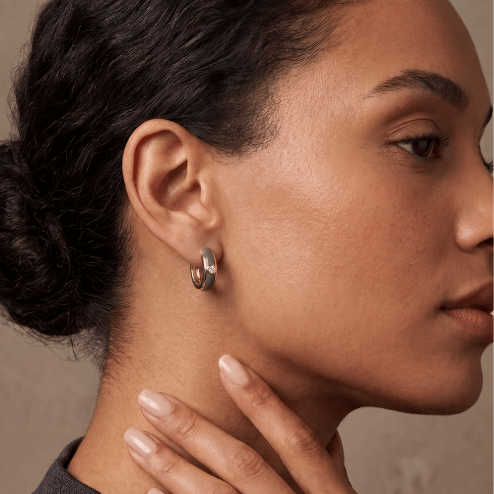 14 Karat Gold Plated Grey Enamel and CZ Hoop Earrings