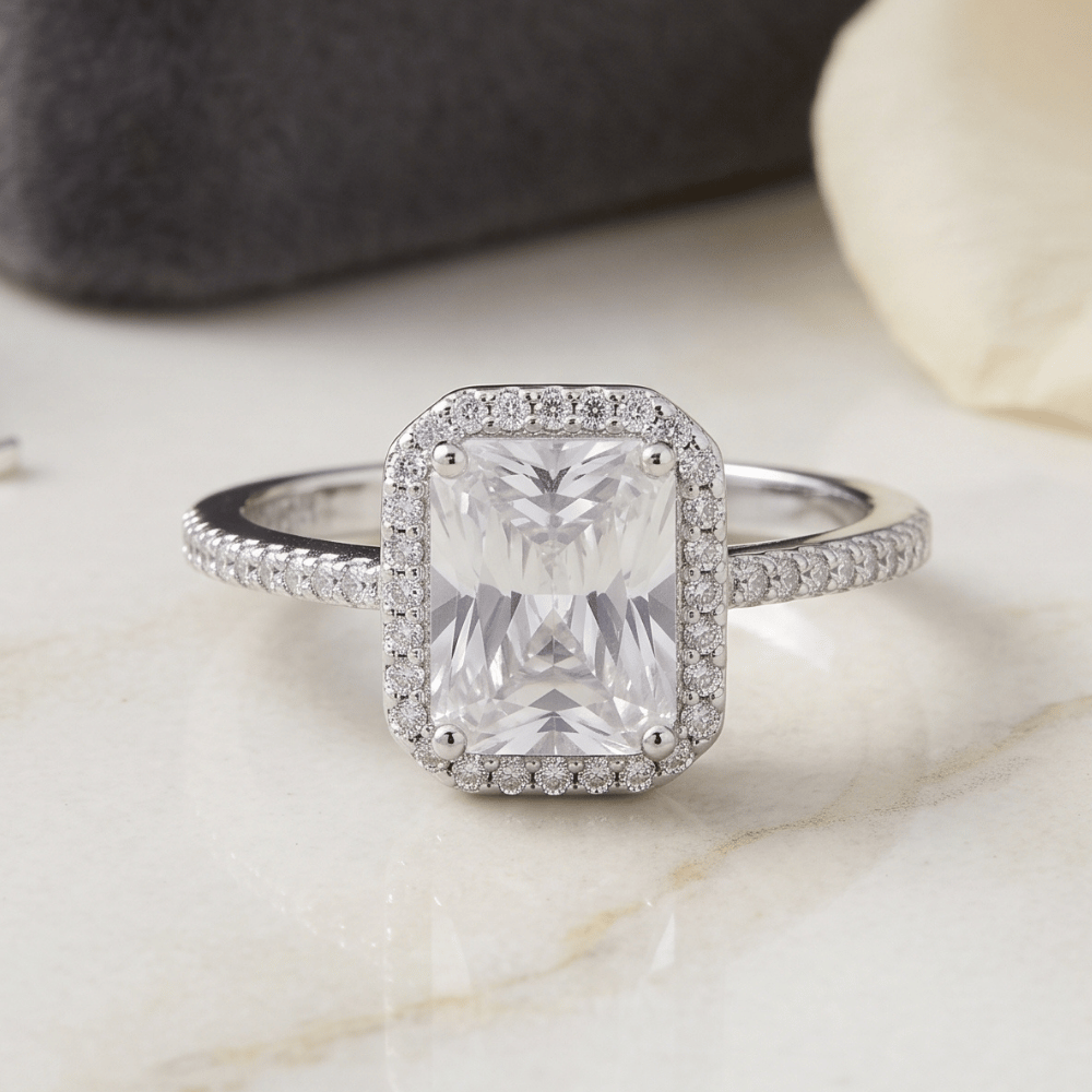 Rhodium Plated Solitaire Rectangle CZ Ring with Halo CZ Edge
