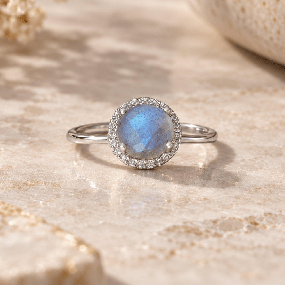 Rhodium Plated Labradorite and CZ Halo Ring
