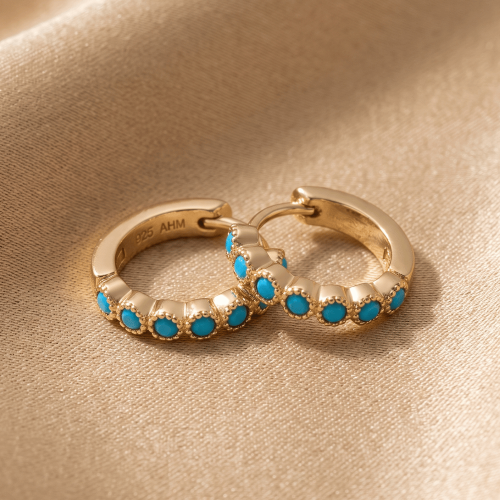 14 Karat Gold Plated Turquoise CZ Hoop Earrings