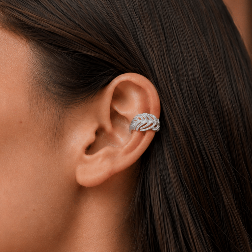 Rhodium Plated Feather Ear Cuffs