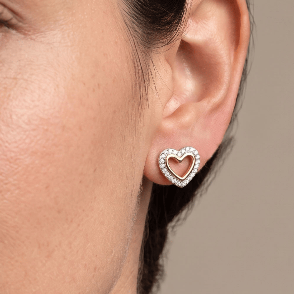 Two Tone CZ Heart Outline Earrings