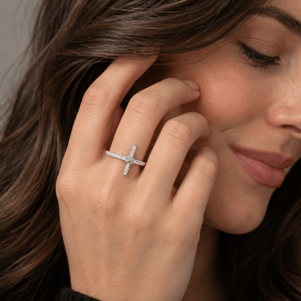 Rhodium Plated CZ Sideways Cross Ring