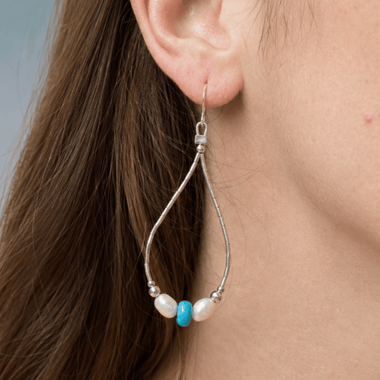 Cultured Freshwater Pearl and Turquoise Liquid Silver Pear Outline Earrings
