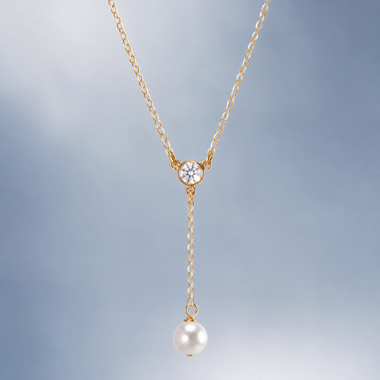 16" + 2" 14/20 Gold Filled CZ and Pearl Y Drop Necklace