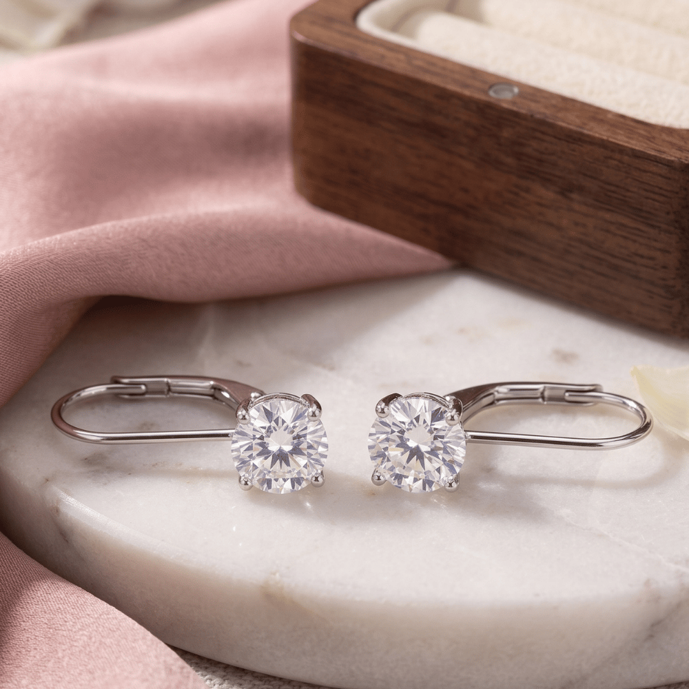 Rhodium Plated Lever Back CZ Earrings