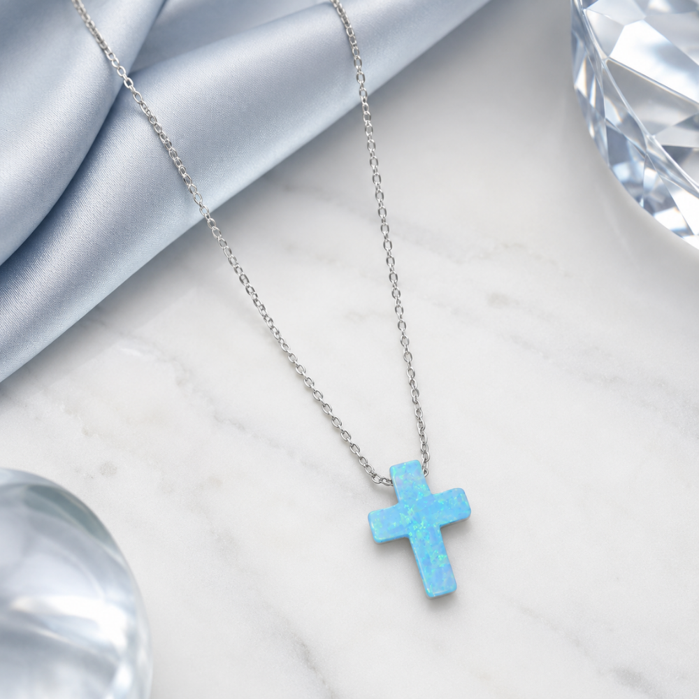 16" + 2" Rhodium Plated Synthetic Opal Cross Necklace