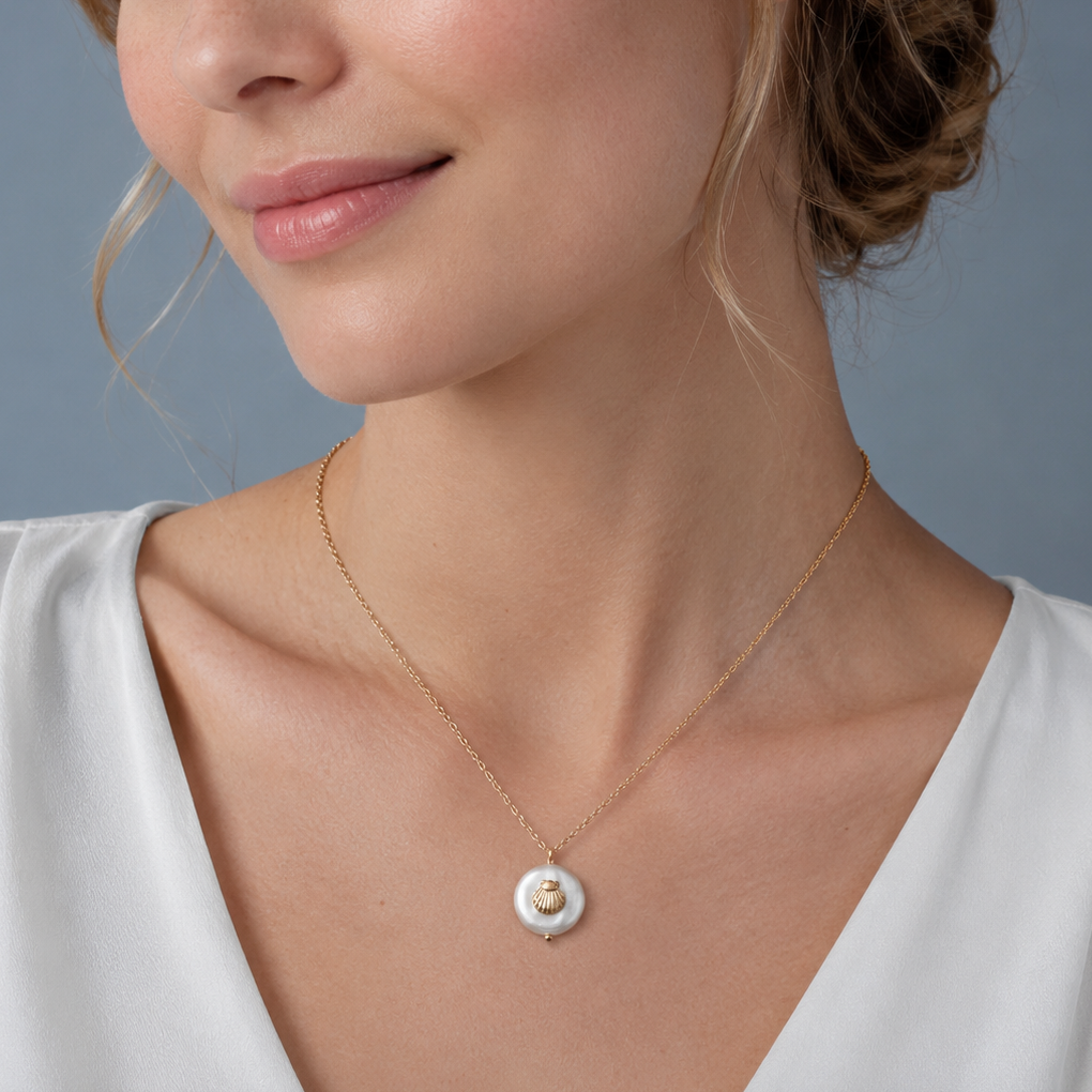 16" + 3" Gold Tone Imitation Coin Pearl and Seashell Fashion Necklace