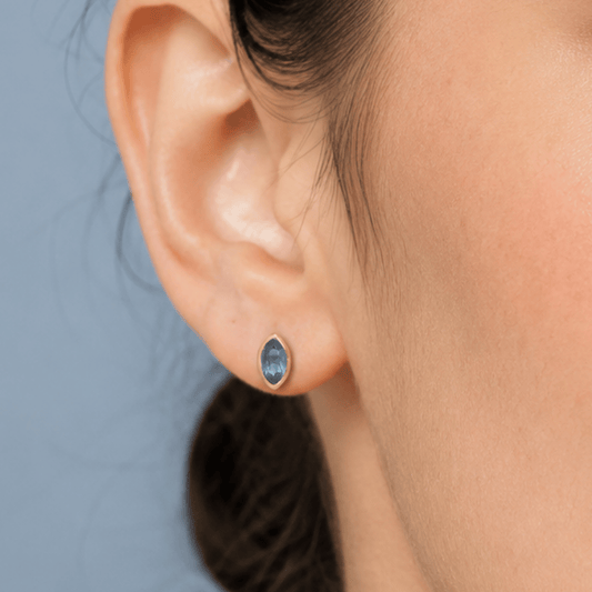 14 Karat Gold Plated Marquise Blue Glass Stud Earrings