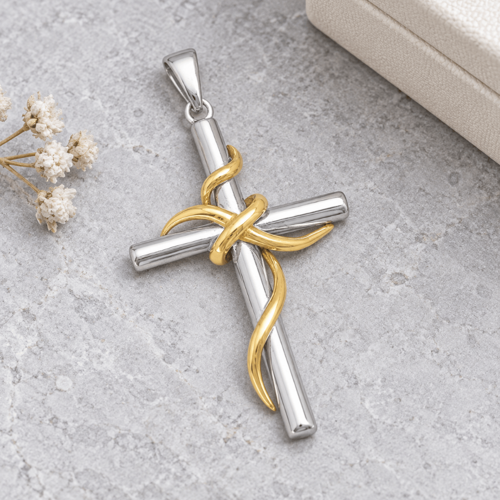 Rhodium and 14 Karat Gold Plated Sterling Silver Cross Pendant