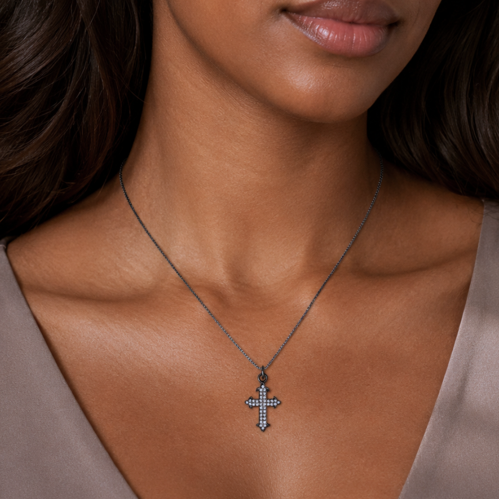 18" Black Rhodium Plated Diamond Studded Ornate Cross Necklace