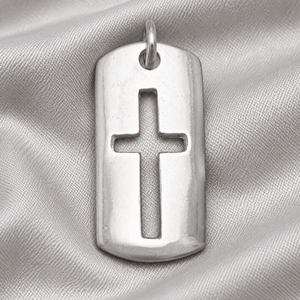 Rectangular Tag with Cutout Cross Pendant