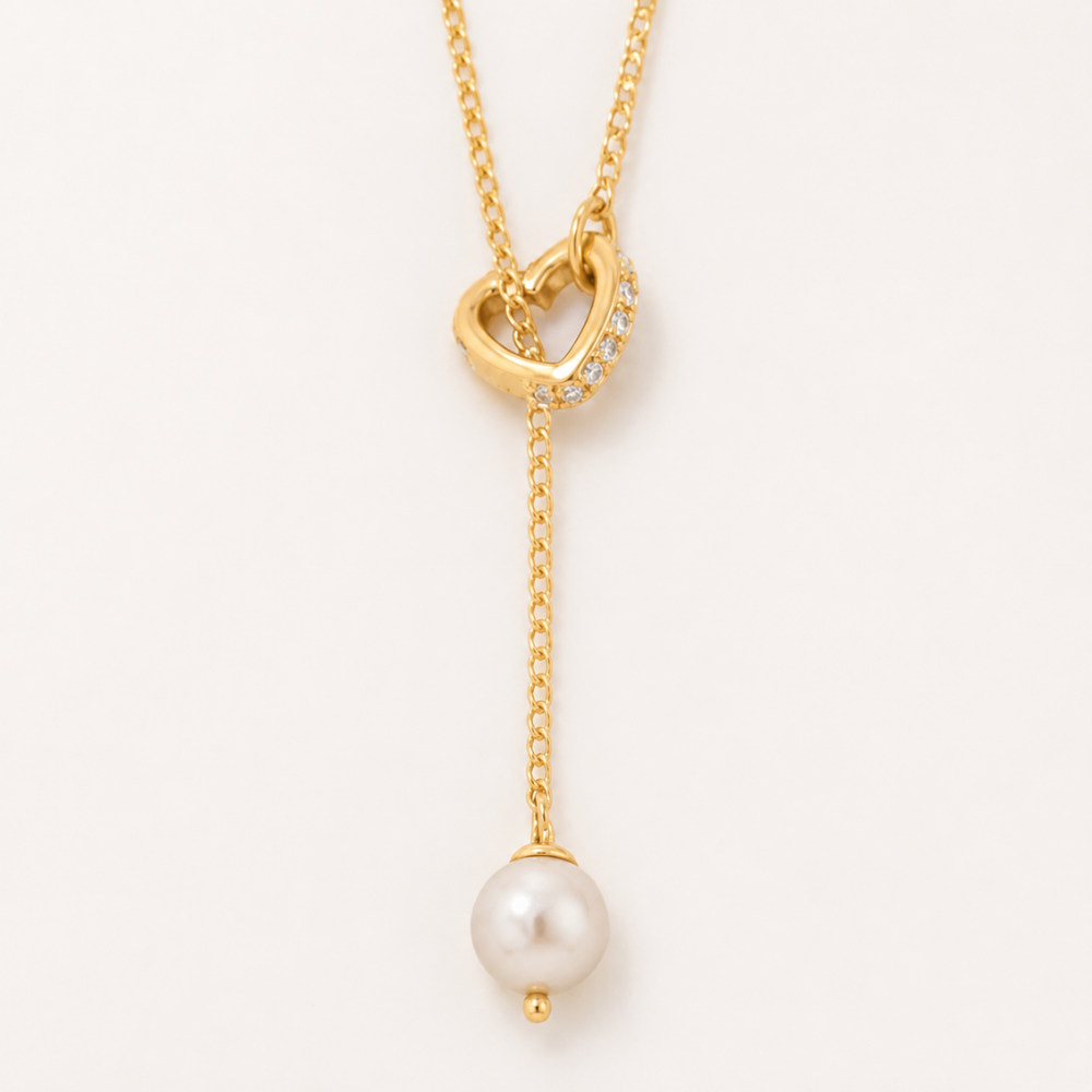 16" + 2" 14K Gold Plated Cultured Freshwater Pearl & CZ Heart Lariat Necklace