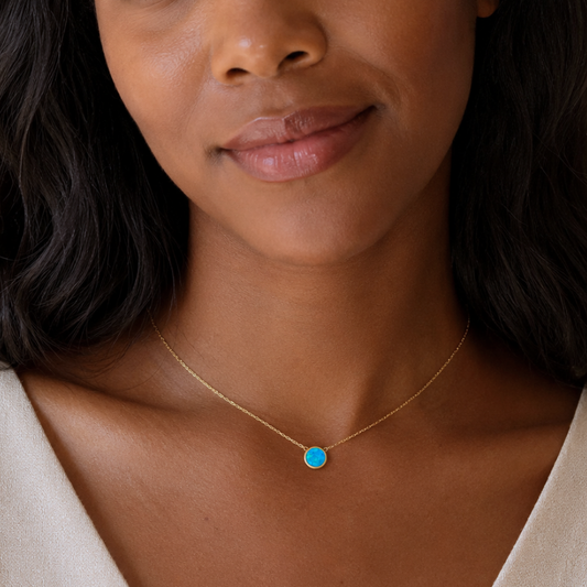 14 Karat Gold Plated Mini Synthetic Blue Opal Necklace
