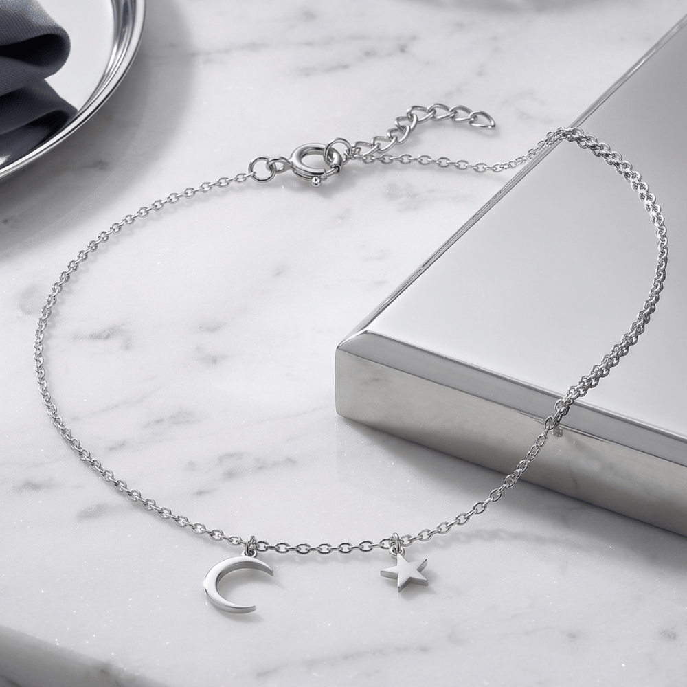 9" + 1" Rhodium Plated Charm Anklet