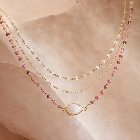 16" + 2" Gold Filled Rainbow Moonstone and Tourmaline Necklace