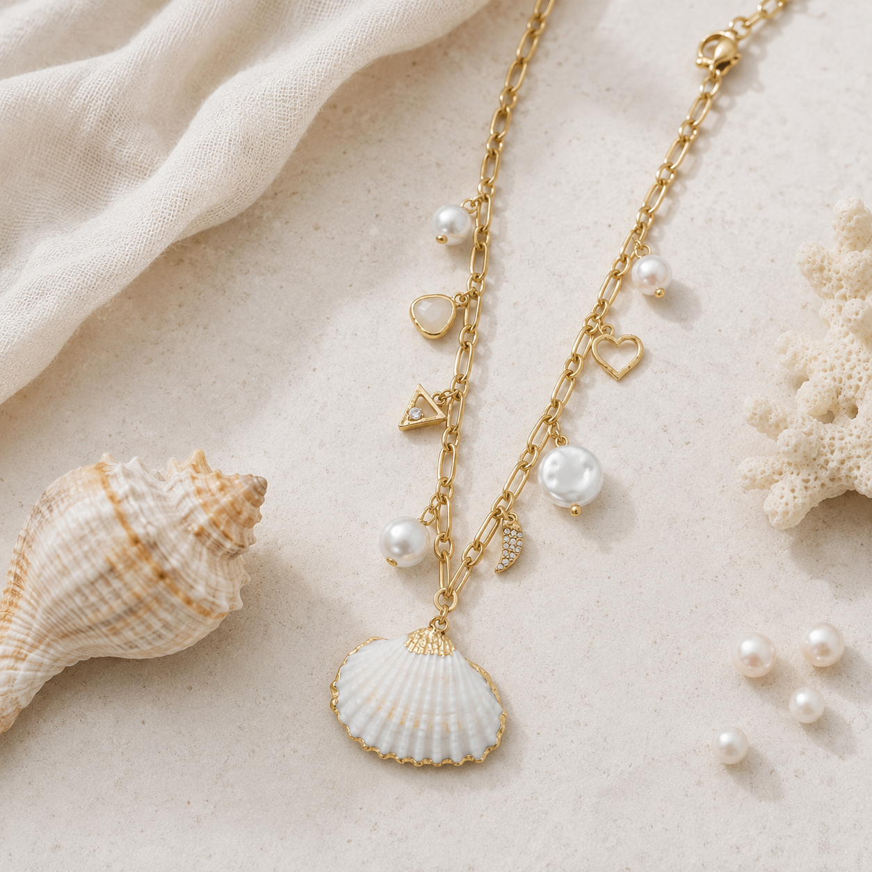 16" + 3" Gold Tone Shell and Pearl Charm Fashion Necklace