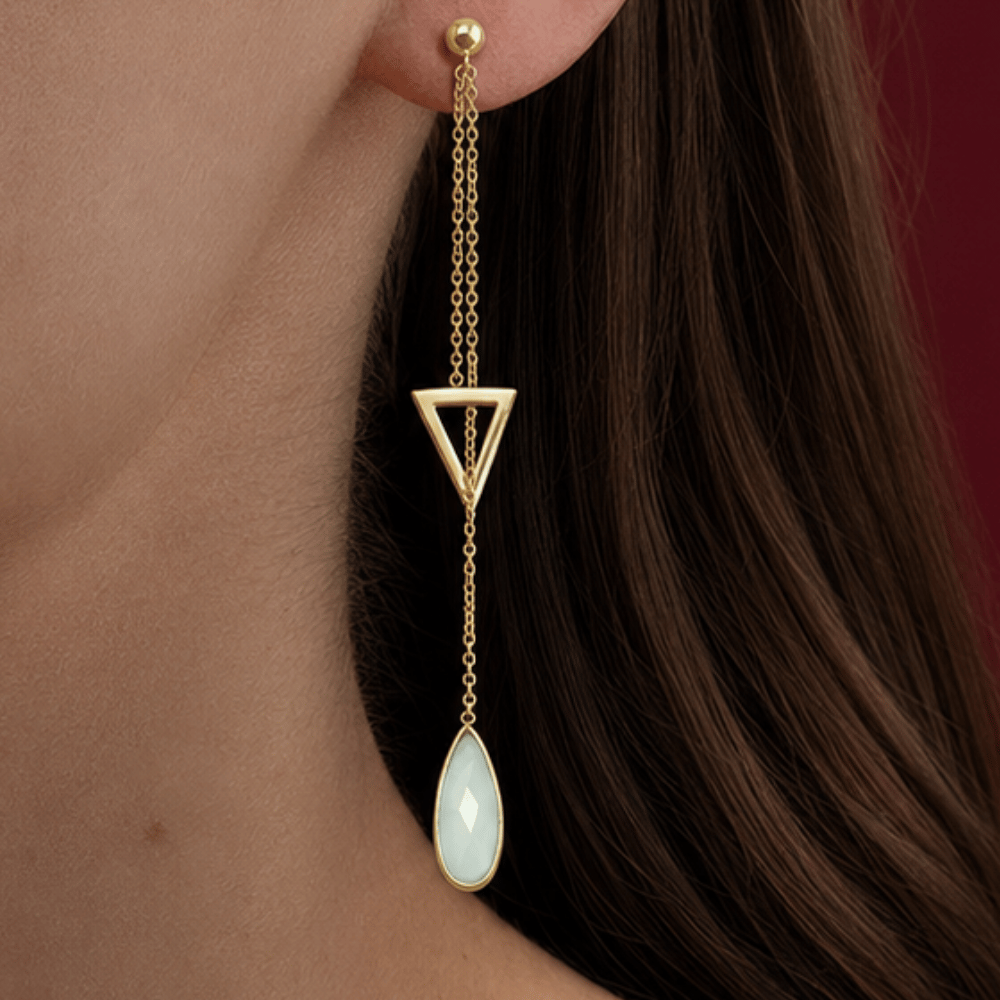 14 Karat Gold Plated Lariat Style Earrings with Chalcedony Drop