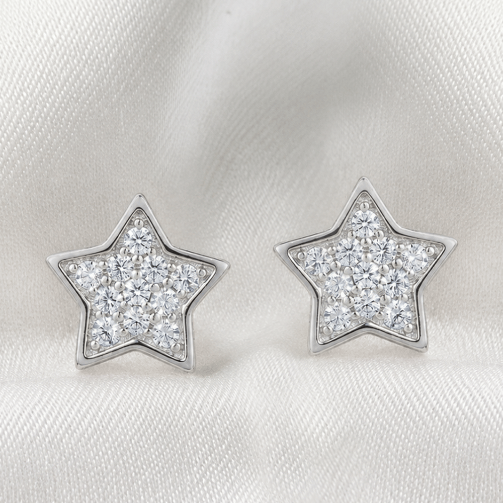 Rhodium Plated CZ Star Stud Earrings