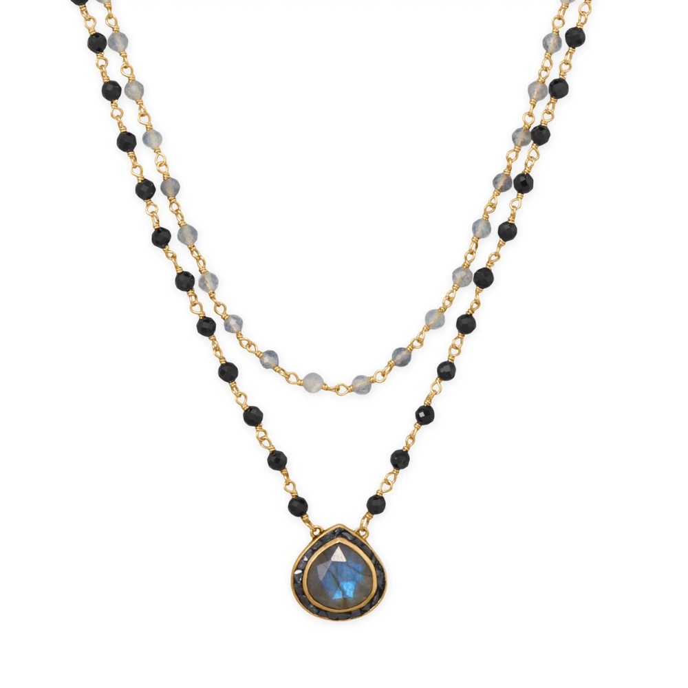19"/20" + 2" 14 Karat Gold Plated Labradorite and Black Onyx Necklace