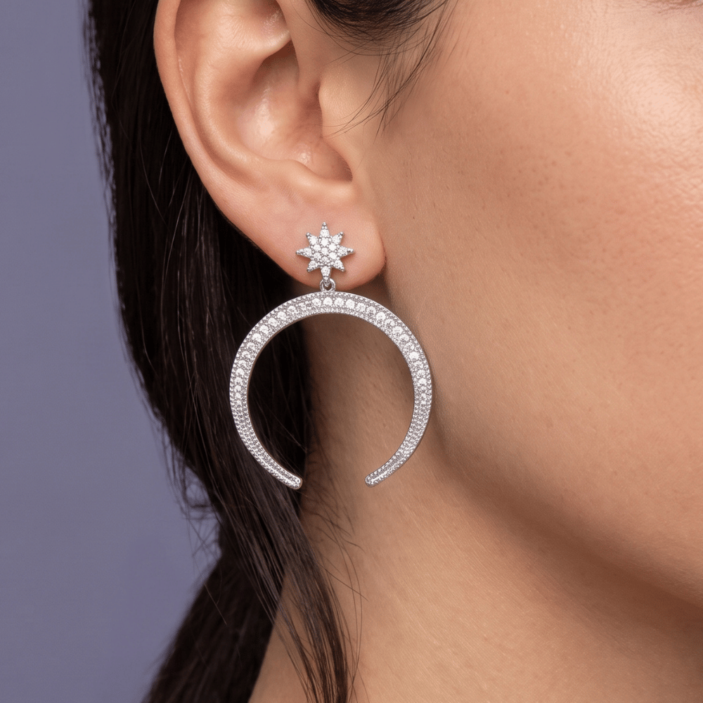 Rhodium Plated Star CZ and Crescent Drop Fashion Earrings