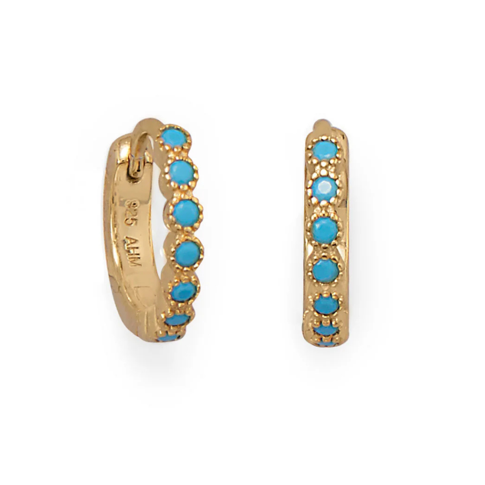 14 Karat Gold Plated Turquoise CZ Hoop Earrings