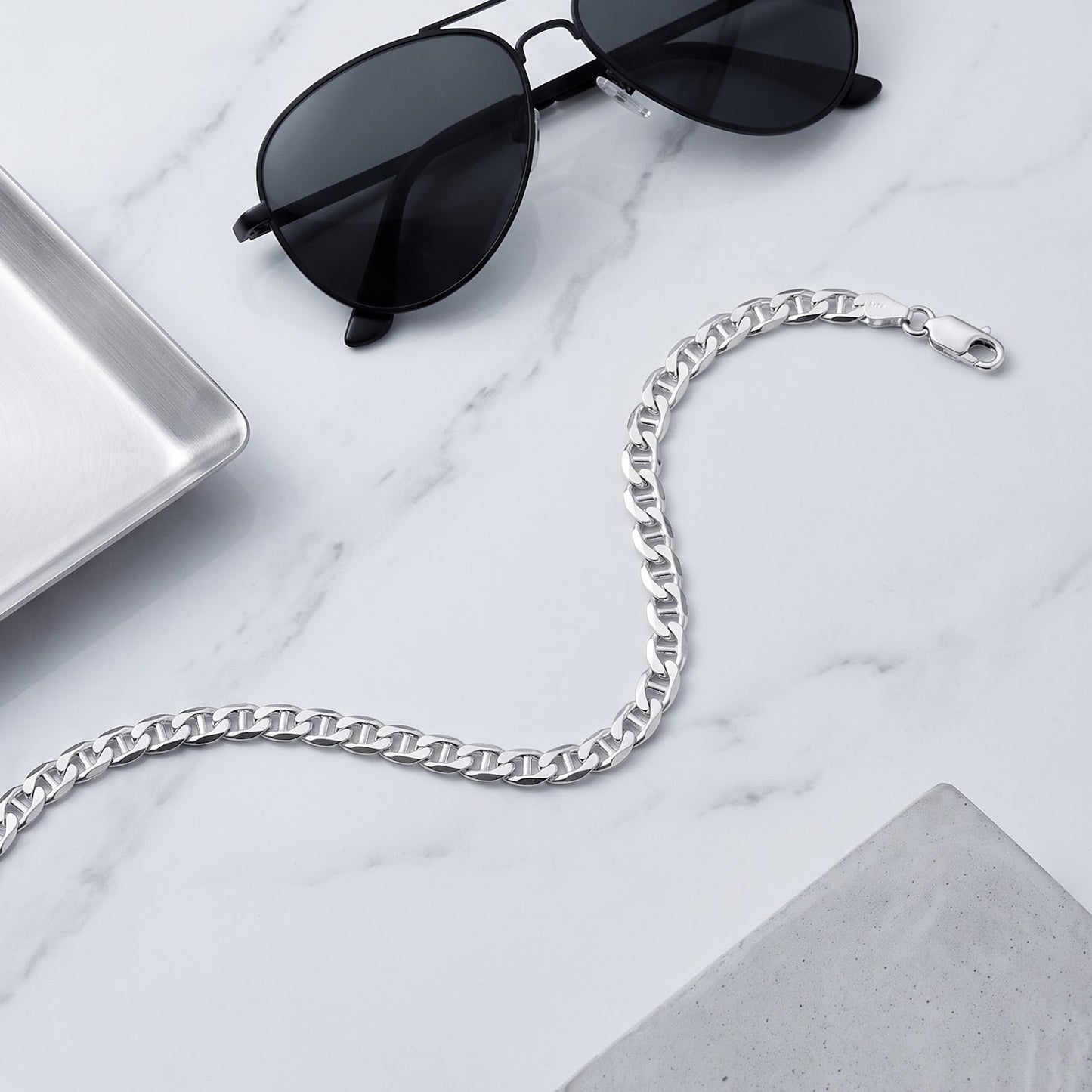 925 Sterling Silver Flat Marina Chain Necklace - 4mm