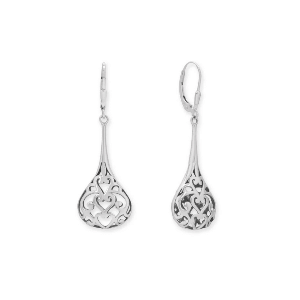 Oxidized Filigree Heart Pear Raindrop Earrings