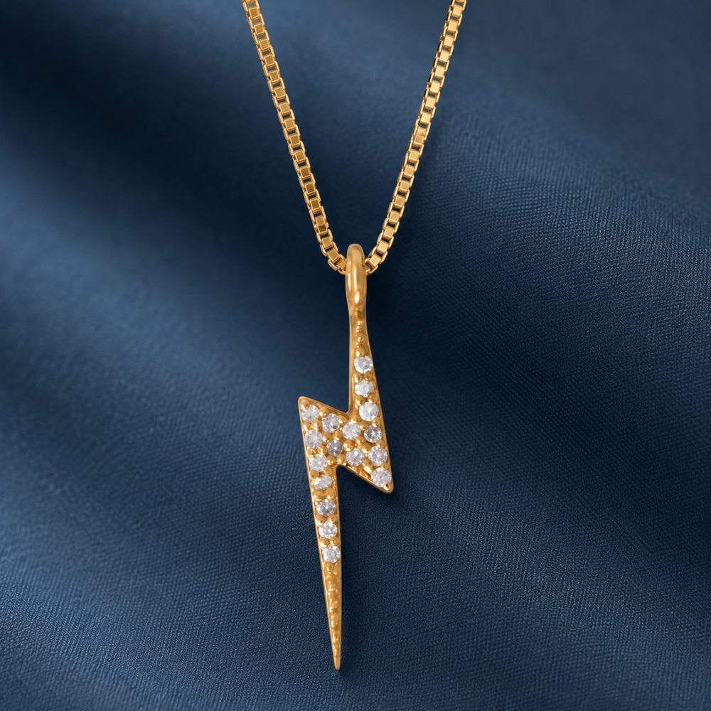 16" 14 Karat Gold Plated Diamond Studded Lightning Bolt Necklace