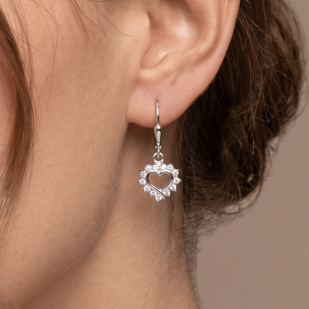 Rhodium Plated Cutout CZ Heart Lever Earrings