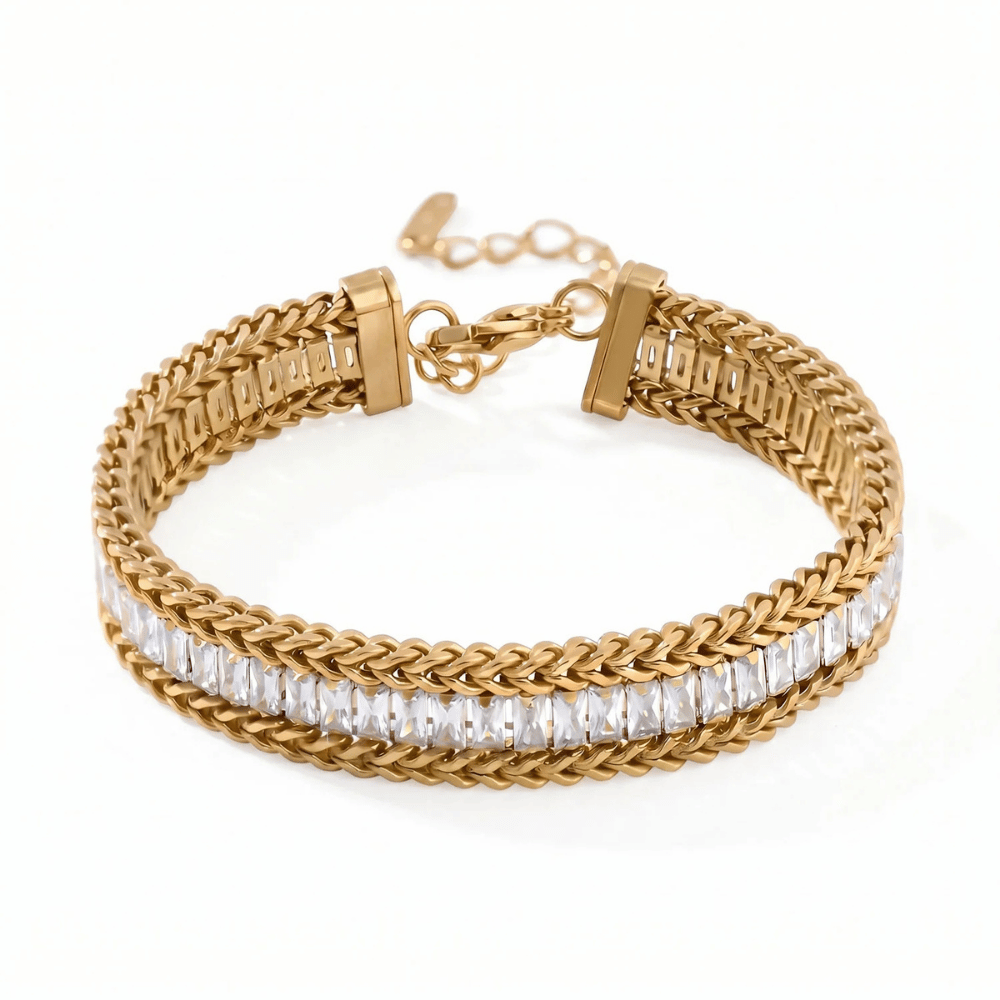 6" + 2" Stainless Steel Baguette CZ 10mm Wheat Chain Bracelet