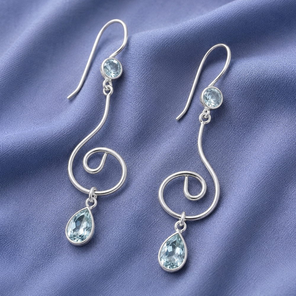 Swirl Design Earrings with Faceted Blue Topaz