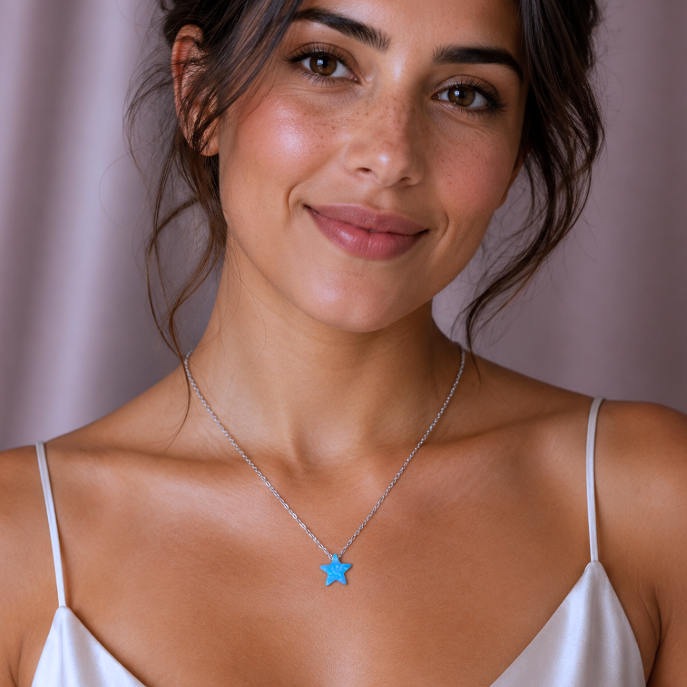 16" + 2" Rhodium Plated Synthetic Opal Star Necklace