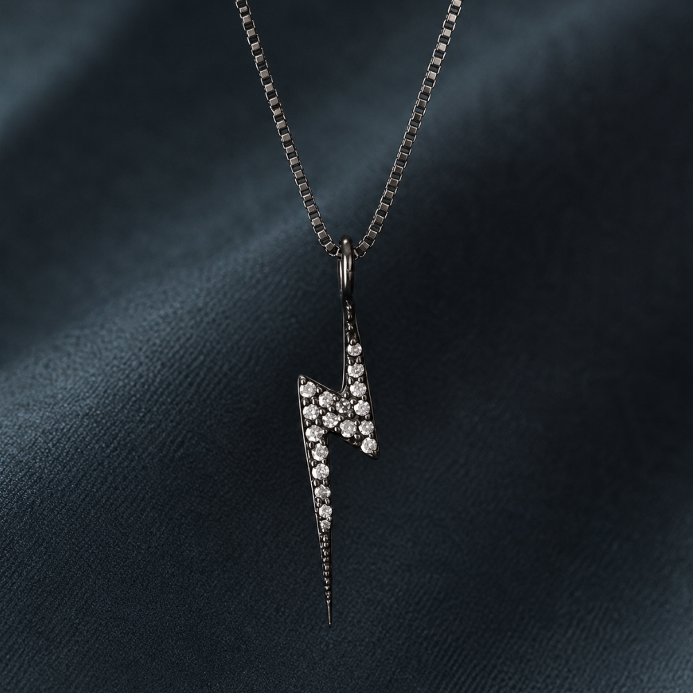 16" Black Rhodium Plated Diamond Studded Lightning Bolt Necklace