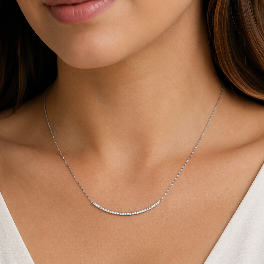 18" + 2" Rhodium Plated Curved CZ Bar Necklace