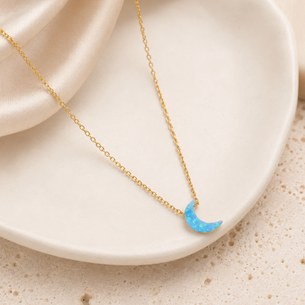 16" + 2" 14 Karat Gold Plated Synthetic Opal Moon Necklace