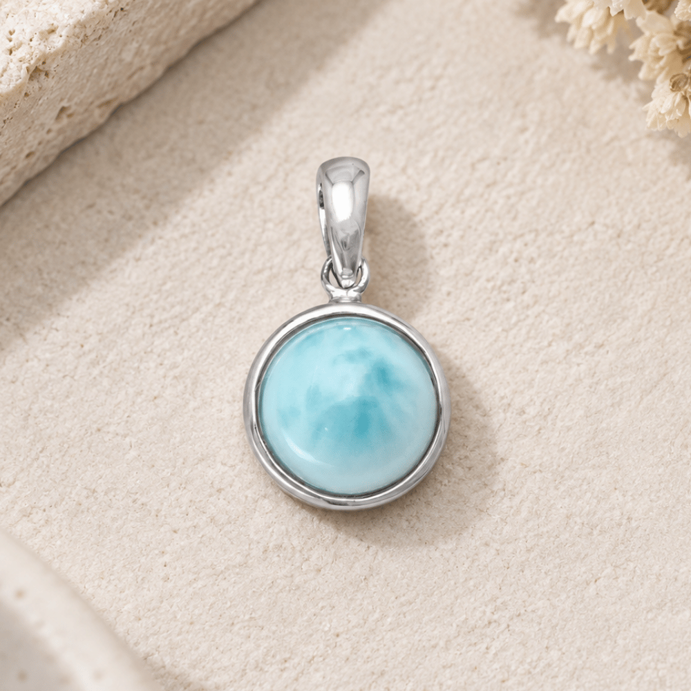Rhodium Plated Round Larimar Pendant