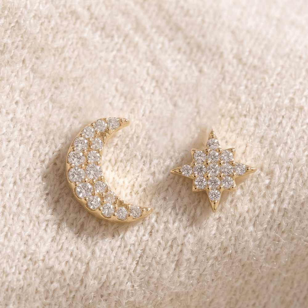 CZ Moon and Star Stud Earrings