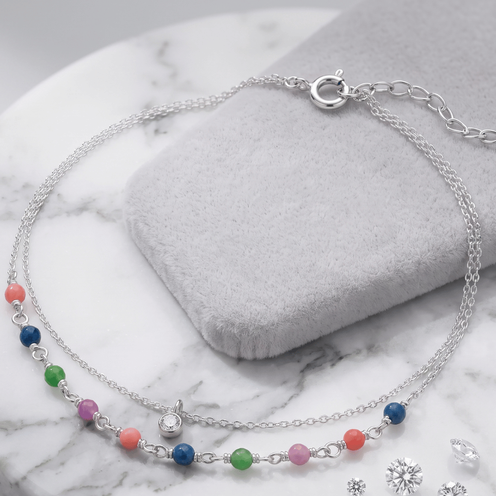 9" + 1" Multicolor Jade and CZ Double Strand Anklet