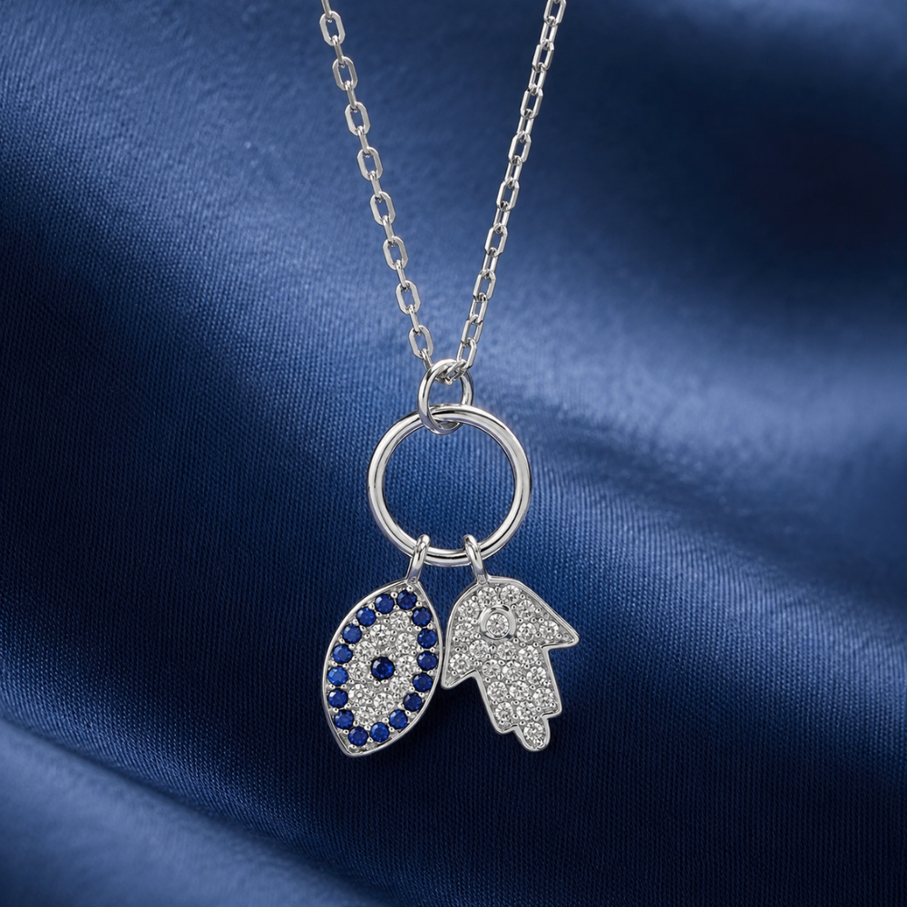 Hamsa and Evil Eye CZ Necklace