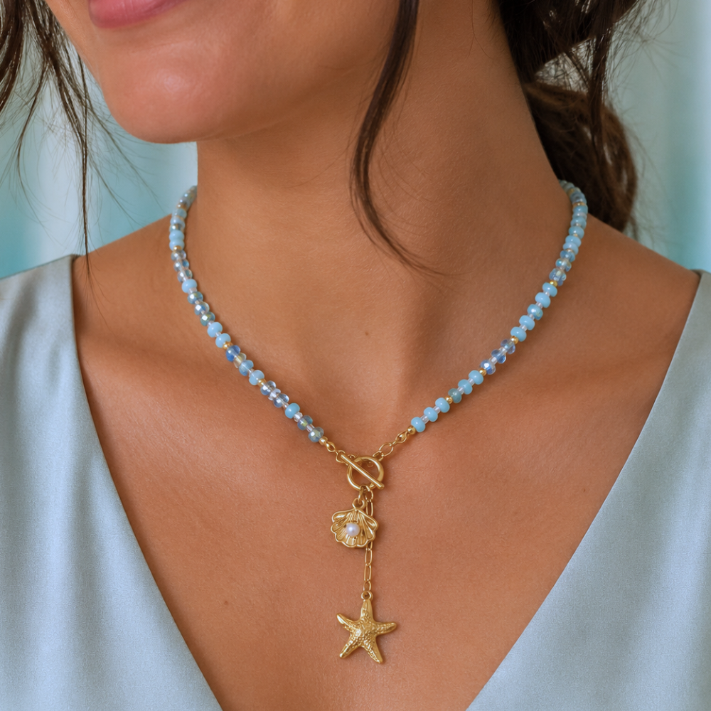 16" Gold Tone Seashell and Starfish Drop Fashion Toggle Necklace