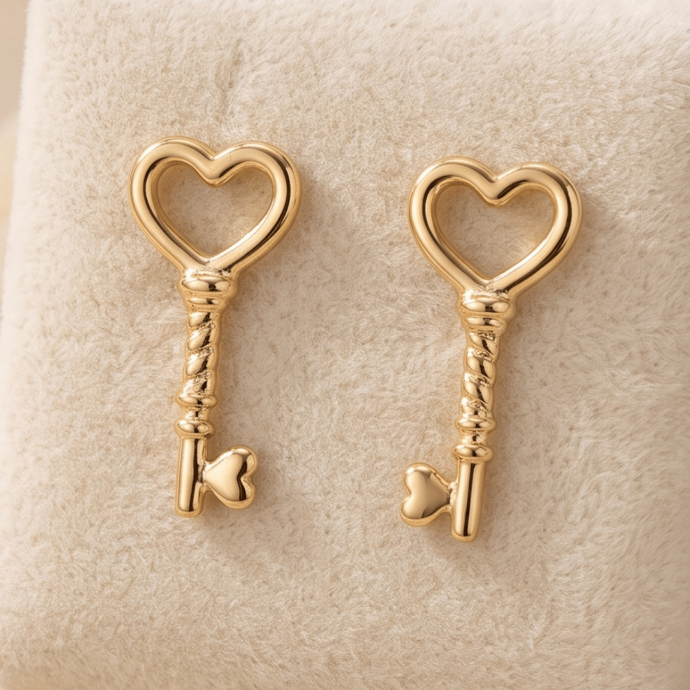 14 Karat Gold Plated Heart Key Stud Earrings