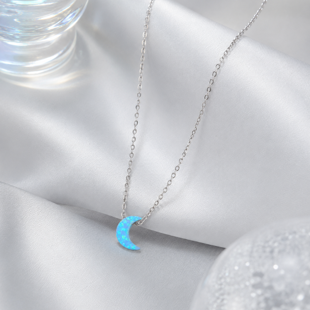 16" + 2" Rhodium Plated Synthetic Opal Moon Necklace