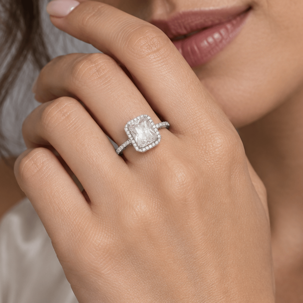 Rhodium Plated Solitaire Rectangle CZ Ring with Halo CZ Edge