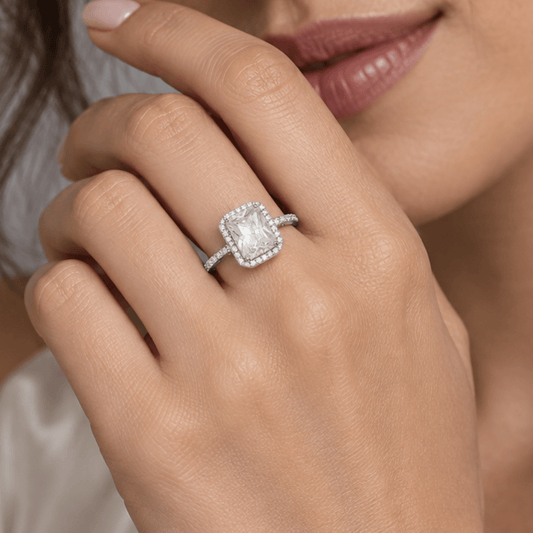 Rhodium Plated Solitaire Rectangle CZ Ring with Halo CZ Edge